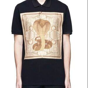 GIVENCHY Men's Black Cobra Print on Silk Satin Patch Polo Shirt Pique Cotton M